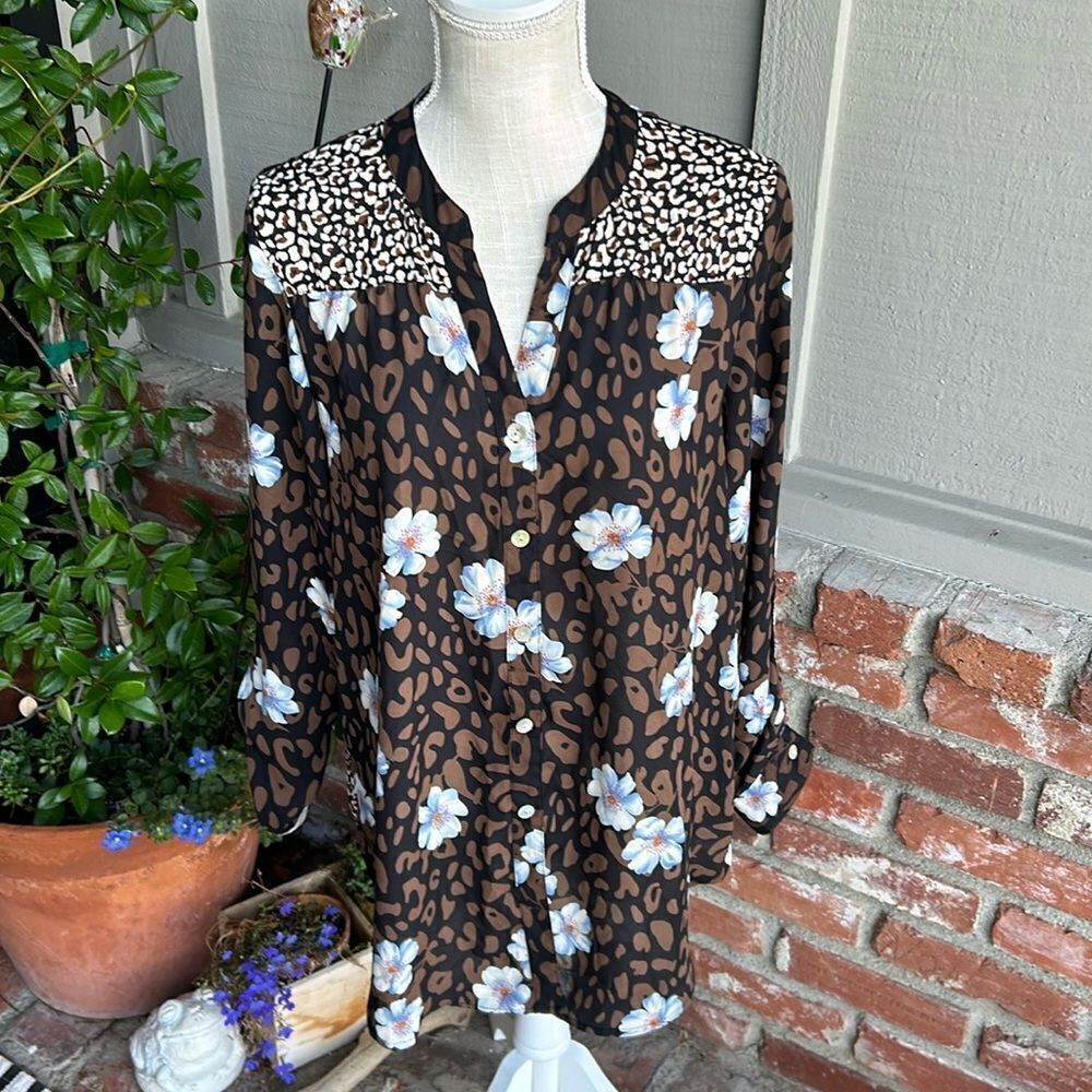 Anthropologie Brown Leopard & Floral Button-Up Blouse